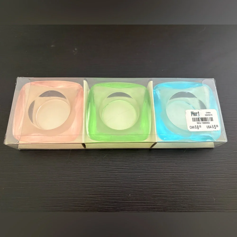 Pier 1 Imports Set of 3 glass Tea Light candle holders. Blue, pink and green NOS